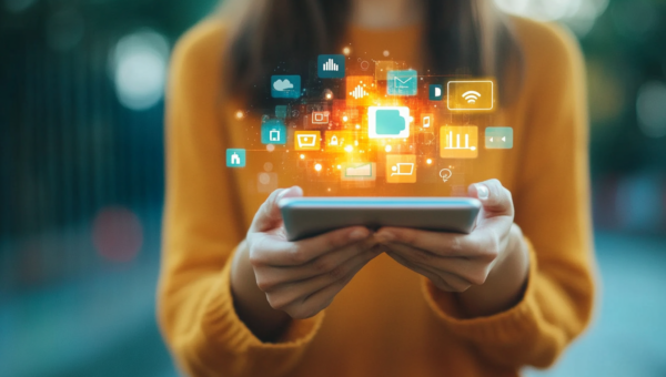 Illustration moderne présentant les grandes tendances du marketing digital — intelligence artificielle, vidéo courte, SEO, réseaux sociaux, data marketing et expérience utilisateur.