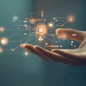 Illustration représentant l’intelligence artificielle appliquée aux réseaux sociaux — personnalisation des contenus, recommandations automatiques et engagement des utilisateurs à travers des interactions dynamiques.