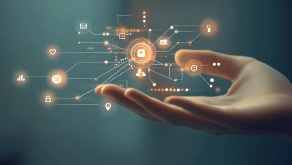 Illustration représentant l’intelligence artificielle appliquée aux réseaux sociaux — personnalisation des contenus, recommandations automatiques et engagement des utilisateurs à travers des interactions dynamiques.