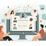 Visuel moderne illustrant un community manager à son poste, symboles de réseaux sociaux en arrière-plan — gestion de communauté, communication digitale, animation de communauté en ligne.