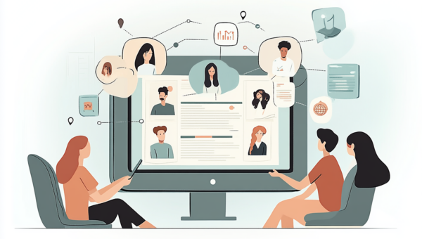 Visuel moderne illustrant un community manager à son poste, symboles de réseaux sociaux en arrière-plan — gestion de communauté, communication digitale, animation de communauté en ligne.