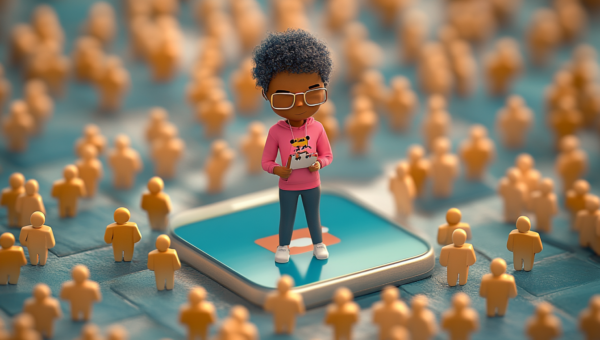 Illustration représentant le concept de micro-influence locale : une personne au centre connectée à un petit réseau d'individus, symbolisant l'impact authentique et ciblé des micro-influenceurs dans les campagnes marketing territoriales.